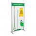 The image features a Spectrum Industrial Cleaning Systems & Trolleys Shadowboard in a Multi-Purpose Frame. The frame is a vibrant green color and has a designated spot for each cleaning tool, creating a sleek and organized cleaning station.