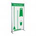 The photo shows a Spectrum Industrial Cleaning Systems & Trolleys Shadowboard in a Multi-Purpose Frame. It is a Cleaning Station Style C in a vibrant green color, complete with hooks for hanging supplies. This organized and practical cleaning station is ready for use.