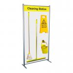 The Spectrum Industrial Cleaning Systems & Trolleys Shadowboard in Multi-Purpose Frame - Cleaning station Style C (Yellow) SBF-BD03-YL is a bright yellow cleaning station with designated spaces for cleaning supplies and tools, neatly organized on a shadowboard. The trolley allows for easy transport and storage, keeping your cleaning area tidy and efficient.