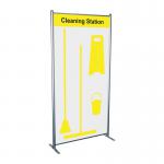 This photo shows a Spectrum Industrial Cleaning Systems & Trolleys Shadowboard in a Multi-Purpose Frame. The Cleaning station Style C (Yellow) is equipped with hooks and there is currently no stock available for this model (SBF-BD03-YLNS). The shadowboard has a sleek design and is perfect for organizing cleaning tools and supplies. The vibrant yellow adds a pop of color to any workspace.