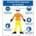 The photograph features a large ACP panel mounted on a stand, measuring 1300 x 1500mm, displaying Spectrum Industrial Safety Signs. The 5 Point PPE Required message is bold and clear against a simple background.