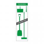 In this photo, we see a lean stand with a green shadow board attached, displaying an organized array of trolleys and cleaning equipment. The board measures 610mm by 2000mm and is equipped with hooks for optimal storage and accessibility. It is a practical and efficient addition to any industrial cleaning system.