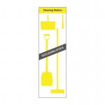 The photo shows a compact and efficient cleaning station from Spectrum Industrial. The sleek shadow board features a lean stand with hooks, styled in bright yellow. It measures 610mm x 2000mm and is designed for optimal organization and storage of cleaning tools and supplies.