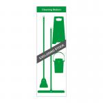This photo features a Spectrum Industrial Cleaning Systems & Trolleys Shadow Board Cleaning Station. The Lean Stand and Board have a green Style C design, measuring 650mm by 2000mm. The station includes hooks for organizing cleaning tools.