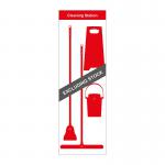The picture shows a Spectrum Industrial Cleaning Systems & Trolleys Shadow Board Cleaning Station. The station has a lean stand and hooks for organizing cleaning tools. The board is red with a size of 650mm x 2000mm.
