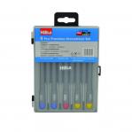 This image features a set of Hilka Tools UK Limited precision screwdrivers, with 9 pieces, in a sleek black case. Each screwdriver has a precision tip, perfect for tackling small and delicate tasks. The set is easily portable and perfect for any toolbox.
