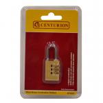 The image displays a brass combination padlock by Centurion Europe Limited, measuring 20mm. It features 3 wheels for easy use and added security.