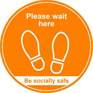 Amber Social Distancing Floor Graphic - Please Wait Here 400mm dia.