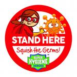 Super Hygiene Heroes Stand Here Self Adhesive Floor Graphic in Red (200mm dia.)