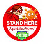Super Hygiene Heroes Stand Here Self Adhesive Floor Graphic in Red (400mm dia.)
