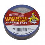 The photograph shows a roll of Centurion Europe Limited Masking Tape. The tape is 25mm wide and 25m long. It is UV resistant and has the product code TA107L. The tape is wrapped tightly around a cardboard roll, with the Centurion Europe Limited logo and product information visible on the label. The tape itself appears to be a light beige color, with a smooth and slightly glossy texture. The edges are straight and even, and the tape appears to be of high quality.