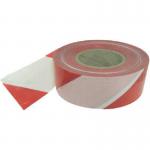 The image shows a long roll of red and white Spectrum Industrial Quarantine Tape, made of non-adhesive polythene material, measuring 75mm in width and 500m in length. The tape is designed to act as a barrier, preventing access to a designated area.