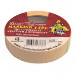 A photo of a roll of Centurion Europe Limited Masking Tape shows a compact 25mm width and 50m length, in a sleek and uniform white color. The adhesive tape appears smooth and evenly coated, with no wrinkles or creases. Bold black lettering spells out the product name and size on the label.