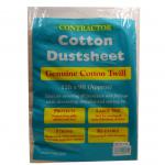 The image shows a Tristar UK Ltd branded 12 x 9 cotton twill dust sheet, weighing 1.4kg. The sheet is made of durable fabric and is designed to protect surfaces from dust and dirt during construction or renovation projects. It has a classic white color and features the Tristar logo in the corner.
