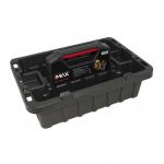 The image is of a sleek black and red tool storage tote from Hilka Tools UK Limited. The tote features a 20-inch tray for organized storage of tools and supplies, and is adorned with the Hilka Max logo. A sturdy TB35P handle allows for easy portability.