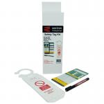 This image shows a Spectrum Industrial Scaffold Platforms Scaffold Tag Kit, neatly packaged in a box. The kit includes 10 ClawTag holders, 20 inserts, and 2 pens. The kit is designed to help with scaffold safety and organization.