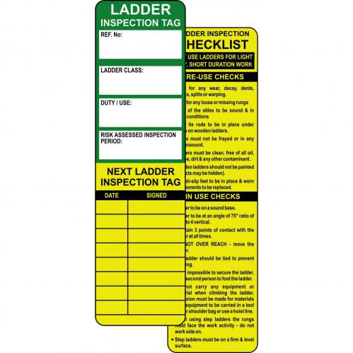 The photograph shows a pack of 50 inserts for the Spectrum Industrial Ladders and Steps Ladder Tagging System. These inserts are used to record the results of ladder inspections, ensuring safety and compliance in the workplace. Each insert features a detailed checklist for thorough evaluation.