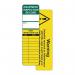 The photograph features Spectrum Industrials warehouse signage, displaying a universal inspection tag insert. The package contains 50 tags, each with a unique code for easy identification and organization. The clean and professional design can be customized with relevant information. Perfect for keeping track of inventory or equipment inspections.