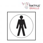 This photo captures a sleek and clear Spectrum Industrial Washroom Signs Gentlemen Graphic Sign. Made with self adhesive Taktyle and designed in a bold white color, this sign measures 150mm x 150mm. Perfect for any modern washroom.
