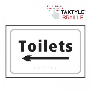 Image of Toilets Arrow Left&rsquo; Sign; Self Adhesive Taktyle; White