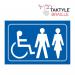 This photo shows a blue Spectrum Industrial Washroom Sign with a disabled ladies and gentlemen graphic. It is self-adhesive and measures 225mm x 150mm.