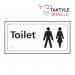 This photograph features a white Spectrum Industrial Washroom Sign with the symbol for ladies and gents in a self-adhesive Taktyle style. The sign measures 300mm x 150mm and is perfect for any washroom facility.