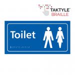 This sign features a white self-adhesive background with blue symbols for Ladies and Gents toilets. Measuring 300mm x 150mm, it is ideal for industrial washrooms and features the Taktyle tactile system for accessibility.