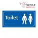 This sign features a white self-adhesive background with blue symbols for Ladies and Gents toilets. Measuring 300mm x 150mm, it is ideal for industrial washrooms and features the Taktyle tactile system for accessibility.
