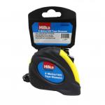 The photograph shows a durable Hilka Tape Measure, measuring 5m/16ft and 19mm in width. The heavy-duty tool is made by Hilka Tools UK Limited and is designed to accurately measure length. It features a bright color scheme and clear markings, making it easy to read and use.