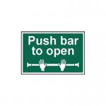 In this photograph, a bright yellow and black PVC safety sign can be seen with the words Push Bar To Open in bold letters. The sign measures 300x200mm and is part of the Spectrum Industrial safety sign collection.