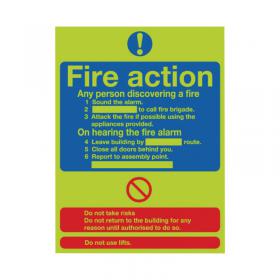 Safety Sign Niteglo Fire Action 300x250mm PVC FR03527M SR11155