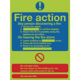 Safety Sign Niteglo Fire Action 300x250mm PVC FR03527M SR11155