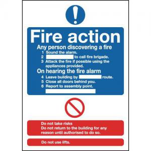 Unbranded Safety Sign Fire Action Standard A5 Self-Adhesive FR03551S