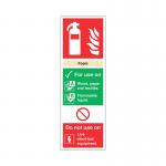 This picture shows a safety sign for a fire extinguisher specifically designed for use on rigid PVC surfaces. The sign is 300x100mm in size and features the words Fire Extinguisher Foam in bold letters. The background color is red and there is a small fire symbol in the bottom right corner.