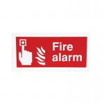 The image shows a bright red and white safety sign with the words Fire Alarm written in bold letters. The sign is rectangular and measures 100x200mm. It is self-adhesive and has a high fire resistance rating (F90AS). The background is a light grey shade and there are clear black symbols and text to indicate its purpose as a fire safety sign. The sign is suitable for both indoor and outdoor use.