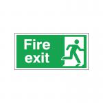 The photo shows a bright red Fire Exit sign with a running man symbol on the right side. The sign is 150x300mm in size and has a self-adhesive back for easy installation. The bold white letters and symbol stand out against the red background, making it easily visible for safety purposes.