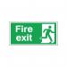 The photo shows a bright red Fire Exit sign with a running man symbol on the right side. The sign is 150x300mm in size and has a self-adhesive back for easy installation. The bold white letters and symbol stand out against the red background, making it easily visible for safety purposes.