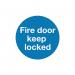 The photo showcases five fire safety signs with the words Fire Door Keep Locked in bold red letters on a white background. The signs measure 100x100mm and are self-adhesive. Each sign has a distinct fire safety symbol such as a fire extinguisher or a fire alarm. The signs are meant to be placed on doors to promote safety and remind people to keep them locked. The overall design is simple and eye-catching, making it easy to spot and understand their purpose.