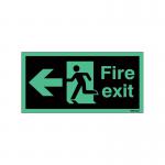 In the image, a bright red and white fire safety sign with a running man and arrow pointing left is depicted against a dark background. The words Fire Exit are clearly displayed and the sign is labeled as Niteglo for visibility in low light. It measures 150x450mm and can be self-adhesive for easy installation.