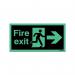 The photograph captures a set of fire safety signs with a Niteglo feature, including a running man symbol and an arrow pointing to the exit on the right. These self-adhesive signs measure 150x450mm and are designed to promote safety.