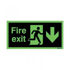 Safety Sign Niteglo Fire Exit Running Man Arrow Down Self-Adhesive 150x450mm NG28AS SR71671