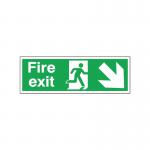 The picture shows a red and white fire safety sign with a running man and an arrow pointing down and to the right. The sign is 150x450mm in size and self-adhesive. It is labeled as a fire exit sign.