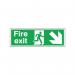 The picture shows a red and white fire safety sign with a running man and an arrow pointing down and to the right. The sign is 150x450mm in size and self-adhesive. It is labeled as a fire exit sign.