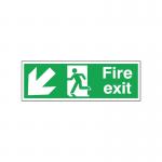 The picture is of a red and white safety sign with the words Fire Exit and a running man symbol in the center, pointing to the down-left direction. It is self-adhesive and measures 150x450mm.