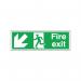 The picture is of a red and white safety sign with the words Fire Exit and a running man symbol in the center, pointing to the down-left direction. It is self-adhesive and measures 150x450mm.