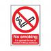 In the photo, we see a red and white No Smoking safety sign with bold text and a clear illustration of a lit cigarette inside a crossed out circle. The self-adhesive A5 sign is suitable for any premises where smoking is prohibited by law.