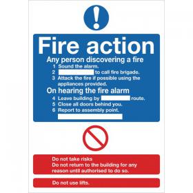 Safety Sign Fire Action Words A4 Self Adhesive FR03550S SR92015