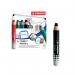 This photo shows a set of four Stabilo Whiteboard Pens and five Stabilo Markdry Whiteboard Pencils in assorted colors. The pens and pencils have white barrels with the Stabilo logo and a black cap. Each writing instrument has a fine point tip for precise markings on whiteboards.