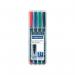 The picture shows a pack of four Staedtler OHP markers and a Staedtler Lumocolour pen, with medium permanent ink in assorted colors. The markers have a classic cylindrical shape with a cap at one end and a fine tip at the other. The pen has a slim, smooth body with a cap and a medium-sized tip. The vibrant colors are clearly labeled on each marker and pen.