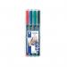 The photograph features a pack of 4 Staedtler OHP Markers in assorted colors, along with a Staedtler Lumocolour Pen Permanent Fine. The markers are neatly arranged and each has a cap on, ready for use. The Lumocolour pen is positioned beside the markers, showing its compact size.